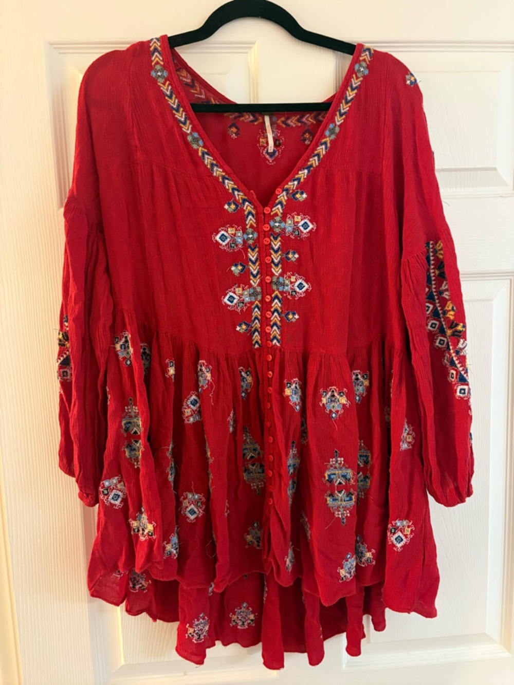 Free People Red Embroidered Boho Tunic GUC